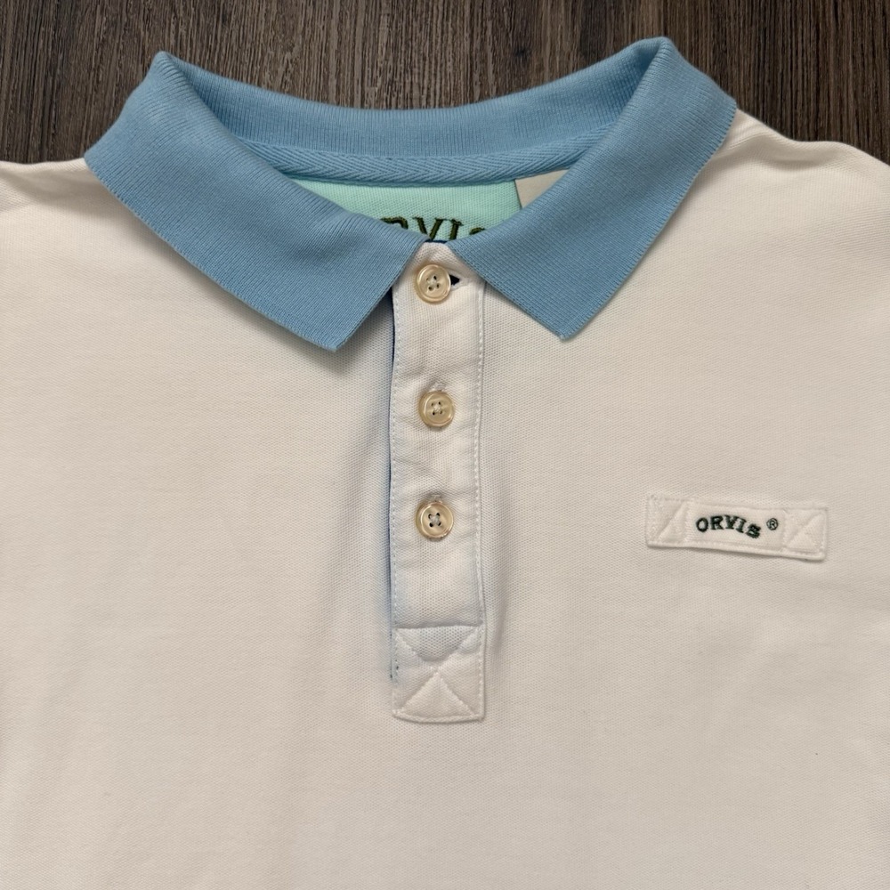 Orvis White Blue Accents Heavy Pique Cotton Fly Fishing Polo Shirt Men Large SS